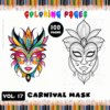 Coloring page featuring two carnival mask designs, one colorful and vibrant, the other outlined in black and white for coloring.