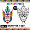 Coloring page featuring two intricate carnival masks, one colorful and the other outlined for coloring, against a vibrant pencil background.