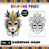 Coloring page featuring a vibrant carnival mask design with colorful patterns and a black and white version for coloring.