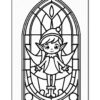 A whimsical line drawing of an elf standing in a stained glass window frame, smiling with outstretched arms.