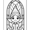 A line art illustration of a smiling elf with pointed ears and a tall hat, framed by a decorative, gothic-style window.