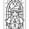 A line art illustration of a cheerful elf with pointed ears and a festive outfit, framed by a decorative arch.