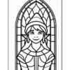 A stained glass window design featuring a young woman with long hair and a crown, framed by ornate arches.