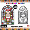 Coloring page featuring stained glass designs of an elf girl and an elf boy, with a colorful background of pencils.