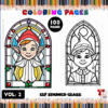 Coloring page featuring a stained glass design of an elf, with one page colored and the other as an outline.