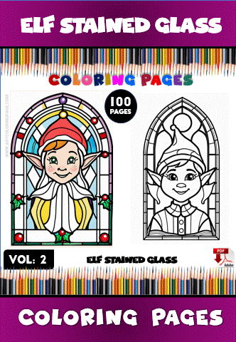 Coloring page featuring a stained glass design of an elf, with one page colored and the other as an outline.