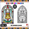 Coloring page featuring a stained glass elf design, with a colorful version and a black-and-white outline for coloring.