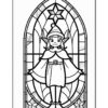 A black and white coloring page featuring an elf standing in front of a stained glass window design.