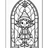 A cartoon elf in a festive outfit stands in front of a stained-glass window design, featuring a star at the top.