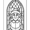 A smiling elf with pointed ears and a hat is framed by an arched stained glass window design.
