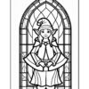 A line art illustration of an elf girl with pointed ears, standing in front of a stained glass window.