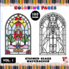 Coloring page featuring a stained glass design of a nutcracker with decorative elements and text indicating 