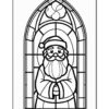 A stained glass style illustration of Santa Claus behind an arched window, featuring a floral design at the top.