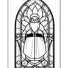 Stained-glass style illustration of Santa Claus, standing with a welcoming expression framed by ornate design elements.