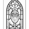 A stained glass style coloring page featuring Santa Claus holding a gift inside a window frame, with decorative elements above.