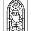 Santa Claus standing in front of a stained glass window design, outlined for coloring.