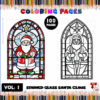 Coloring page design featuring stained glass Santa Claus illustrations, one in color and one in black and white for coloring.