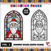 Stained glass Santa Claus coloring page design with colorful border, featuring the title and volume information.
