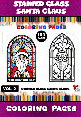 Stained glass Santa Claus coloring page design with colorful border, featuring the title and volume information.