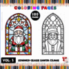Stained glass coloring pages featuring Santa Claus designs, one in color and one in black and white, with a decorative border.