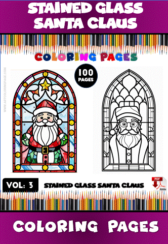 Stained glass coloring pages featuring Santa Claus designs, one in color and one in black and white, with a decorative border.