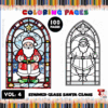 Stained glass design featuring Santa Claus, with a colorful version on one side and a black-and-white coloring page on the other.