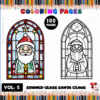 Coloring page featuring stained glass designs of Santa Claus, with a festive border and the title 