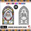 Stained glass coloring page featuring a Santa Claus design, with colorful patterns on one side and an outlined version on the other.