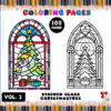 Stained glass Christmas tree coloring page featuring a decorated tree scene, available in a two-page format.