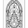 Stained glass window design featuring a Christmas tree, stars, and ornaments, outlined for coloring.