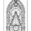 Stained glass coloring page featuring a Christmas tree and ornaments within an arched frame.