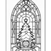 Stained glass design featuring a Christmas tree inside an arch framework, with festive ornaments and patterns.