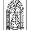 Stained glass design featuring a Christmas tree framed by an arched window with decorative elements.