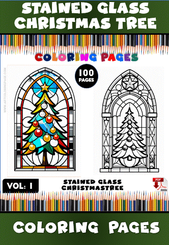 A stained glass Christmas tree illustration with bright colors and a line art version, framed by a colorful pencil border.