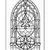 Stained glass window design featuring a Christmas tree and floral motifs. Outlined for coloring.