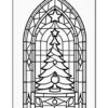 Black and white outline of a stained glass window featuring a Christmas tree and decorative elements.