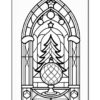 A black and white coloring page featuring a stained glass design with a Christmas tree and an ornament within an arch.