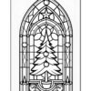 A stained glass window design featuring a central Christmas tree decorated with ornaments, outlined in black.