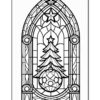 A stained glass window design featuring a Christmas tree and ornaments, outlined in black for coloring.