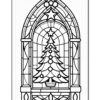 A stained glass style illustration featuring a Christmas tree set within an ornate arched window design.