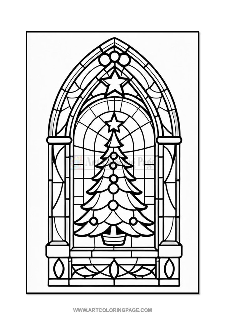 A stained glass style illustration featuring a Christmas tree set within an ornate arched window design.