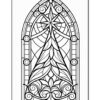 A black and white stained glass window design featuring a central tree shape, intricate swirls, and geometric patterns.