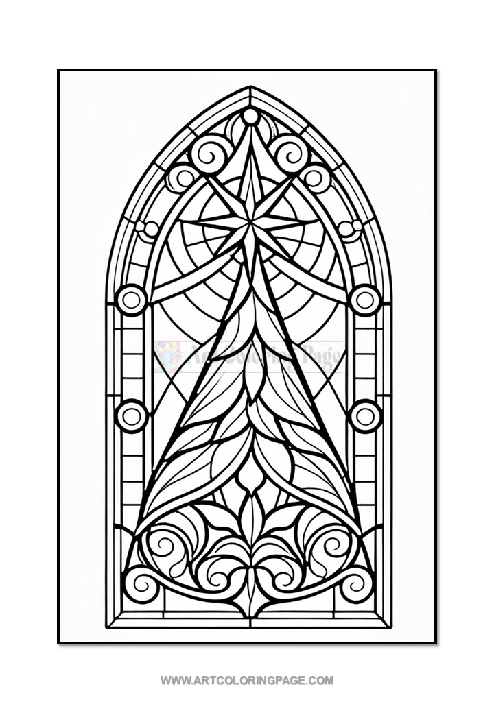 A black and white stained glass window design featuring a central tree shape, intricate swirls, and geometric patterns.