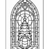 Stained glass design featuring a Christmas tree and ornament within an arched frame.