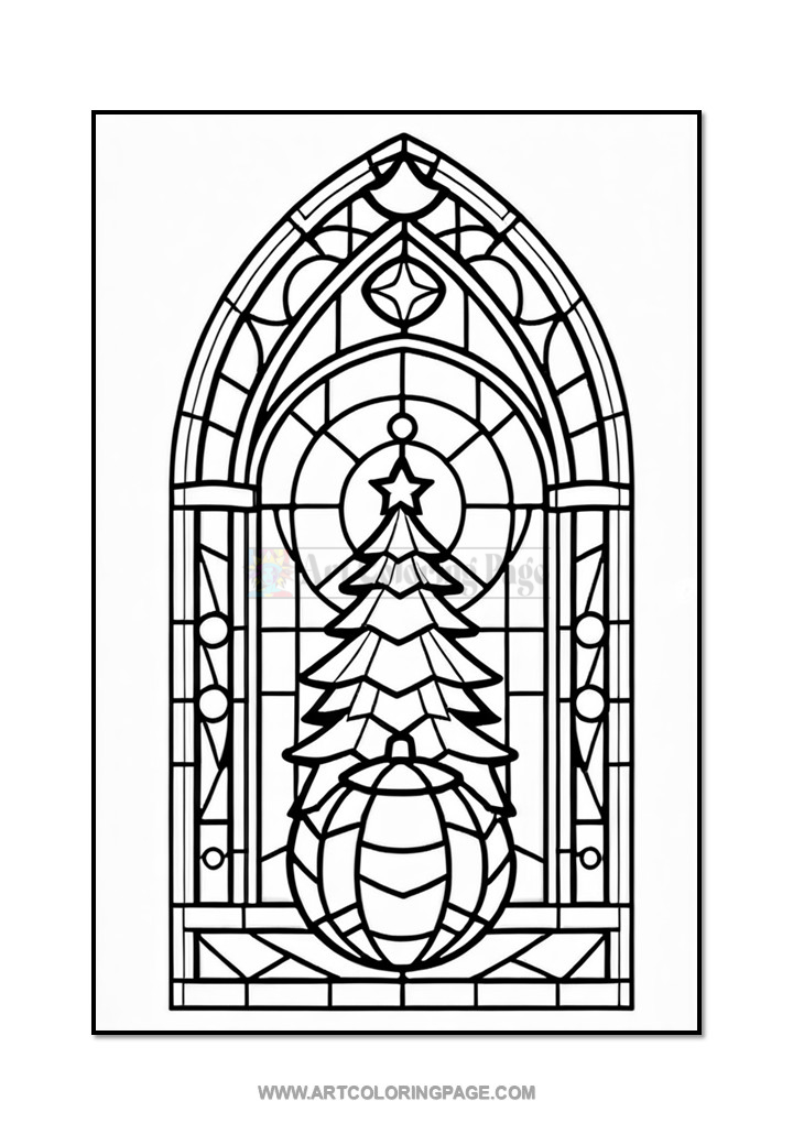 Stained glass design featuring a Christmas tree and ornament within an arched frame.