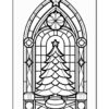 Stained glass window design featuring a Christmas tree, framed by an ornate arch.