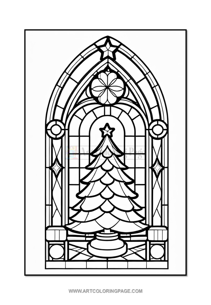 Stained glass window design featuring a Christmas tree, framed by an ornate arch.