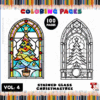 Stained glass Christmas tree coloring pages featuring colorful and detailed designs on the left and a simpler black outline on the right.