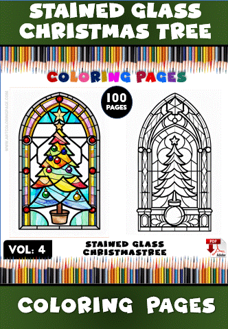 Stained glass Christmas tree coloring pages featuring colorful and detailed designs on the left and a simpler black outline on the right.