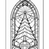 Stained glass window design featuring a Christmas tree, geometric patterns, and decorative elements.